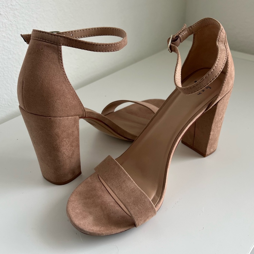 A New Day Cream Tan Faux Suede Open Toe Heel Sandals